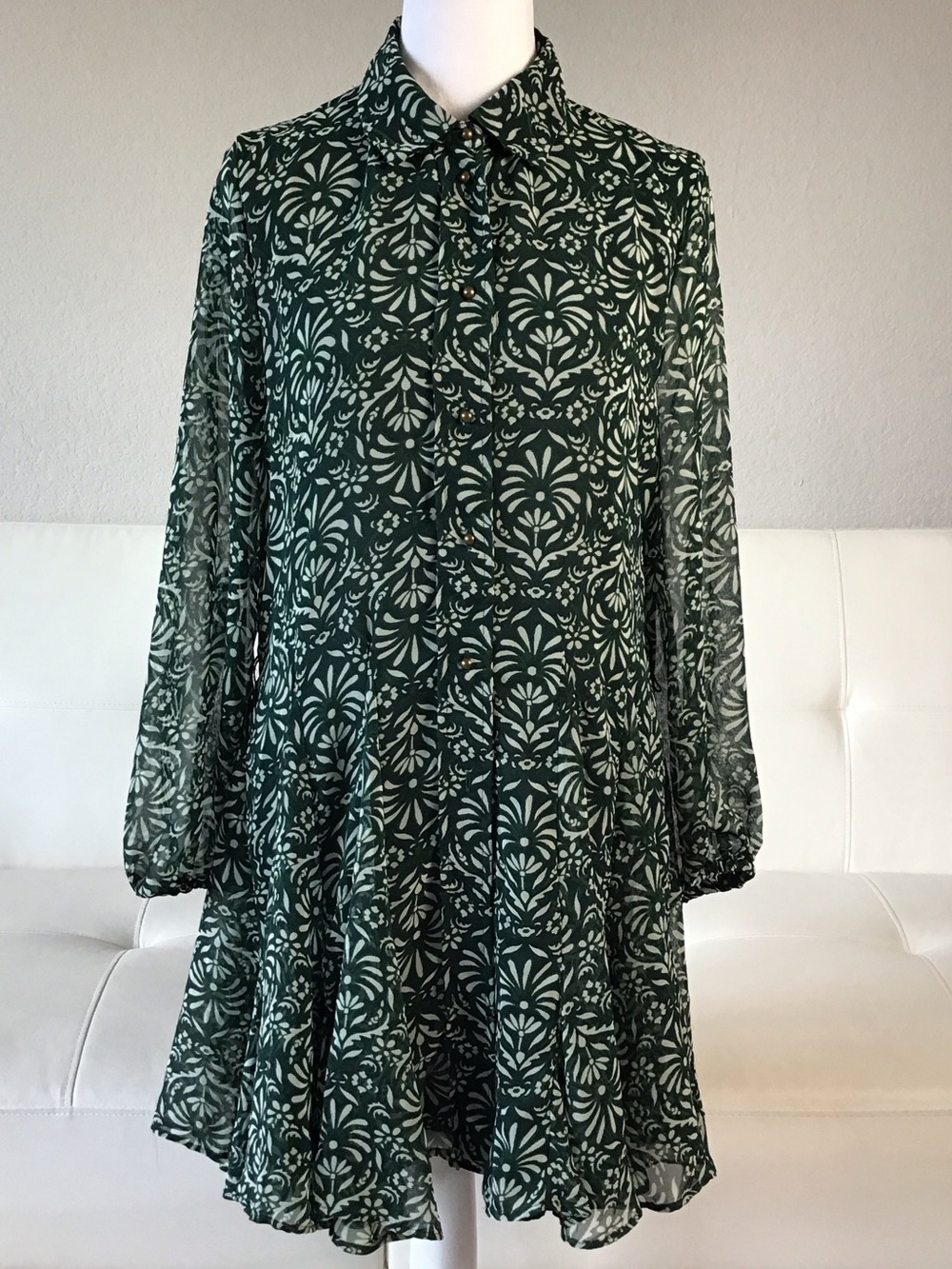 Zara Green Printed Long-Sleeve Shirt Dress - Flare Skirt